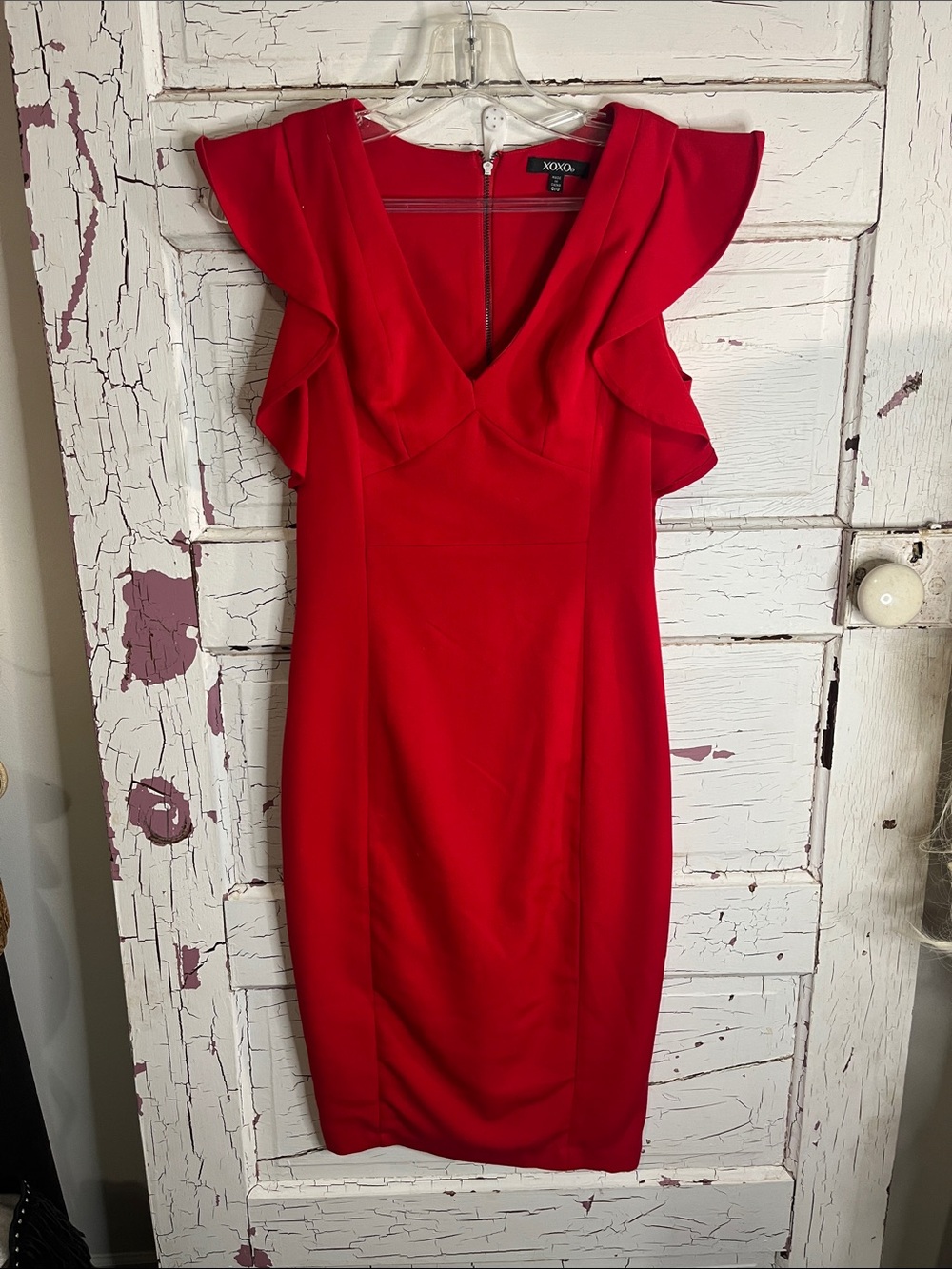 XOXO Red V-Neck Ruffle Sleeve Midi Dress Sz 0 Polyester Rayon Spandex Blnd